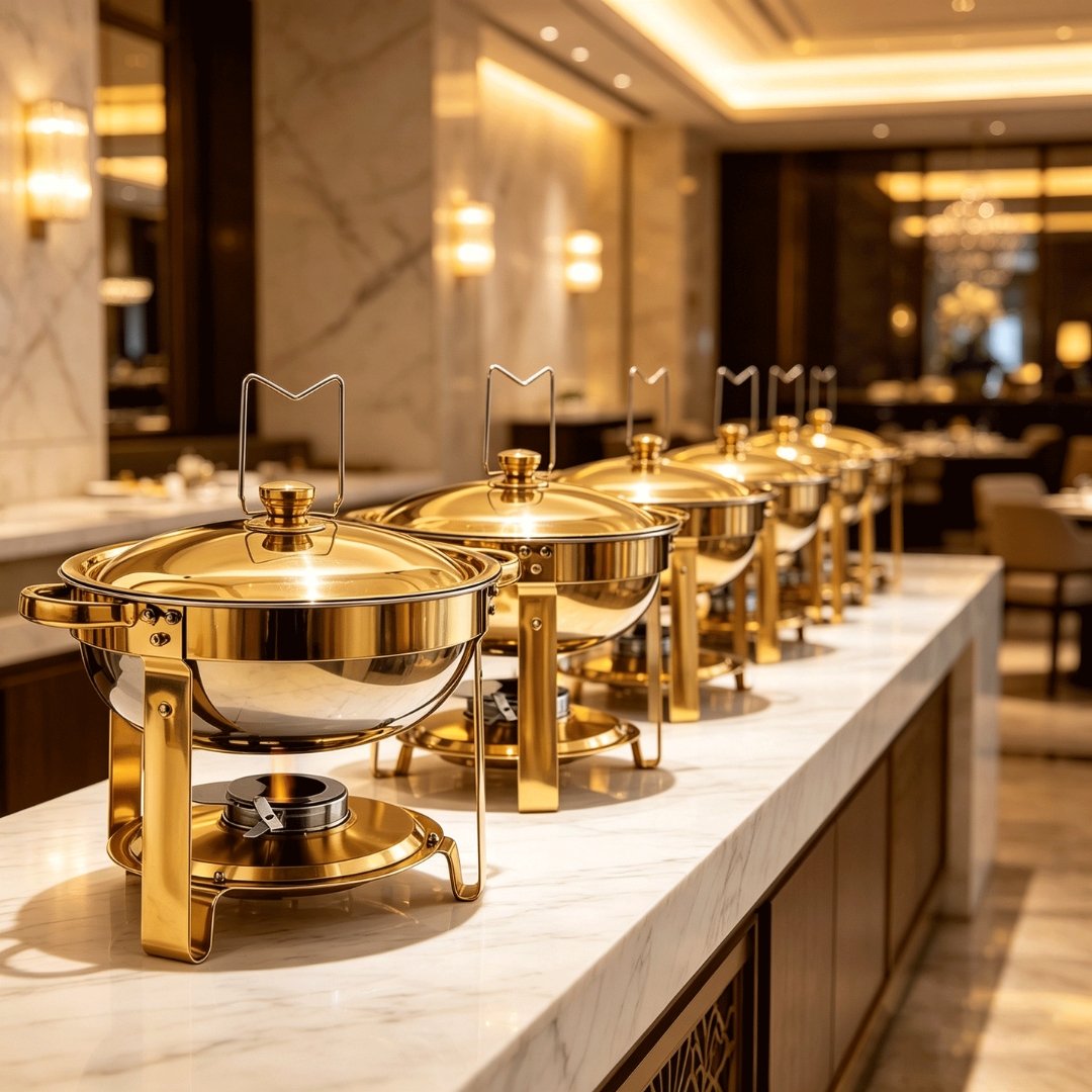Geöffnete Chafing Dishes in Gold-Optik